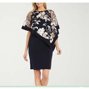R & M Size 4 cocktail dinner church Dark blue floral overlay dress gold accents